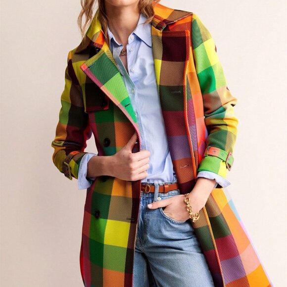 Multicolor Casual Elegant Women's Plaid Double Breasted Trench Coat with Pockets - Picture 4 of 5